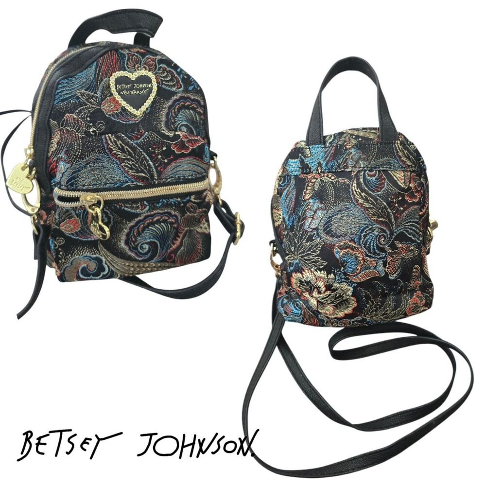 Betsey Johnson Mini Backpack Floral Brocade Purse - NWOT Black Metallic